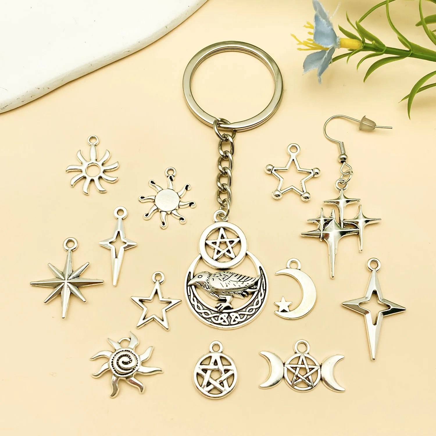 40/50pcs Antique Silver Charms Moon Star Pentagram Pendants For Earrings Necklace Celestial Theme Jewelry Making Accessories