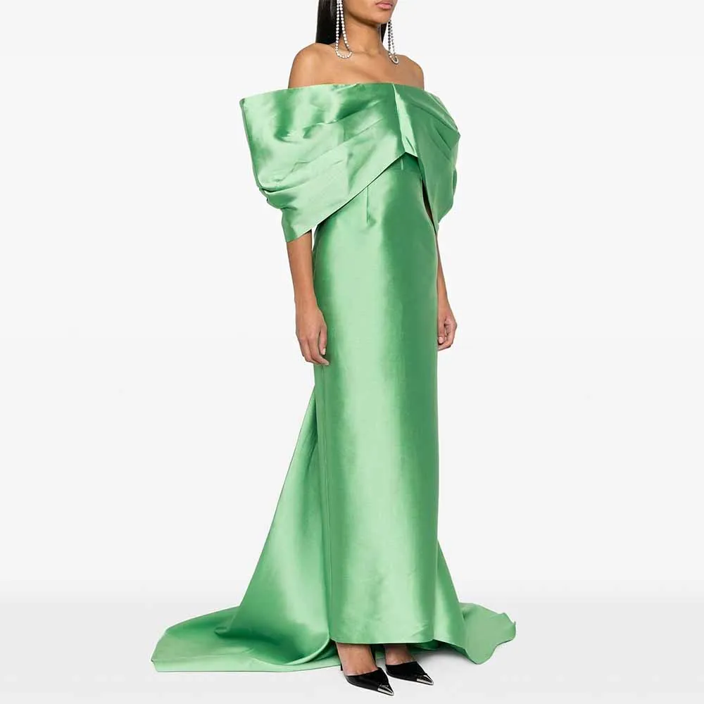 

Dubai Modern Prom Dresses 2025 Satin Sheath/Column Celebrity Dress Green Off-the-shoulder Watteau Train Formal Evening Gown Long