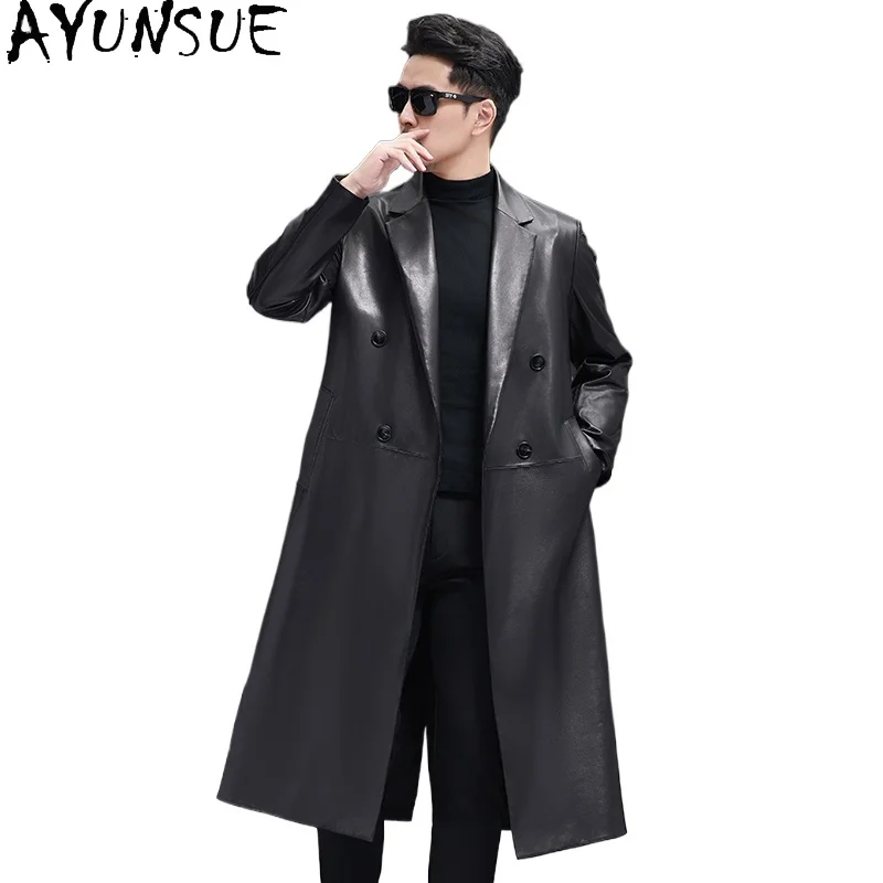 

AYUNSUE New Real Sheepskin Long Trench Coat Men Autumn Winter Casual Genuine Leather Jackets Man Suit Collar Fashion Windbreaker