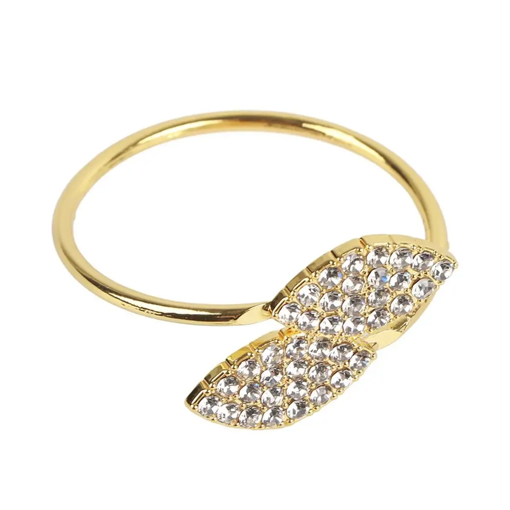 12 PCS Zinc Alloy Napkin Ring Set Gold Buckle Closure Leaf Napkin Holders Rhinestone Decoration Leaf Shape Napkin Holder