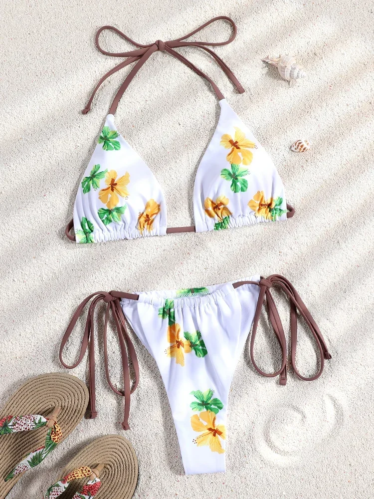 2025 Micro Thong Bikinis Set Swimsuit Triangle Bikini Women Floral Printed Swimwear Bandage Bathing Suit Sexy Biquini Beachwear