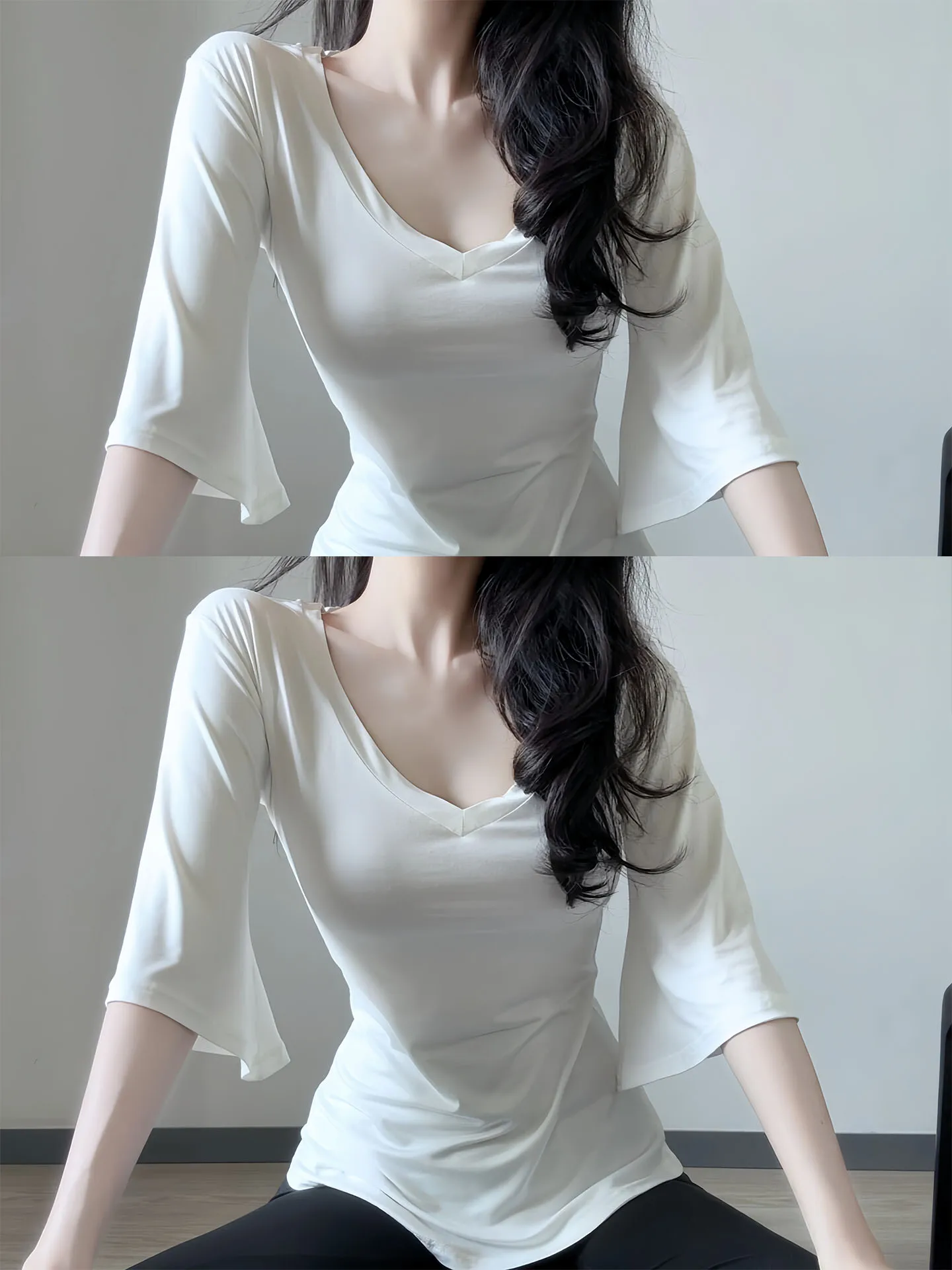Elegant White Loose V-Neck Bell Sleeve T-Shirt Women's Fashion Summer 2026 Breathable Cotton Short Sleeve Top Citywalk
