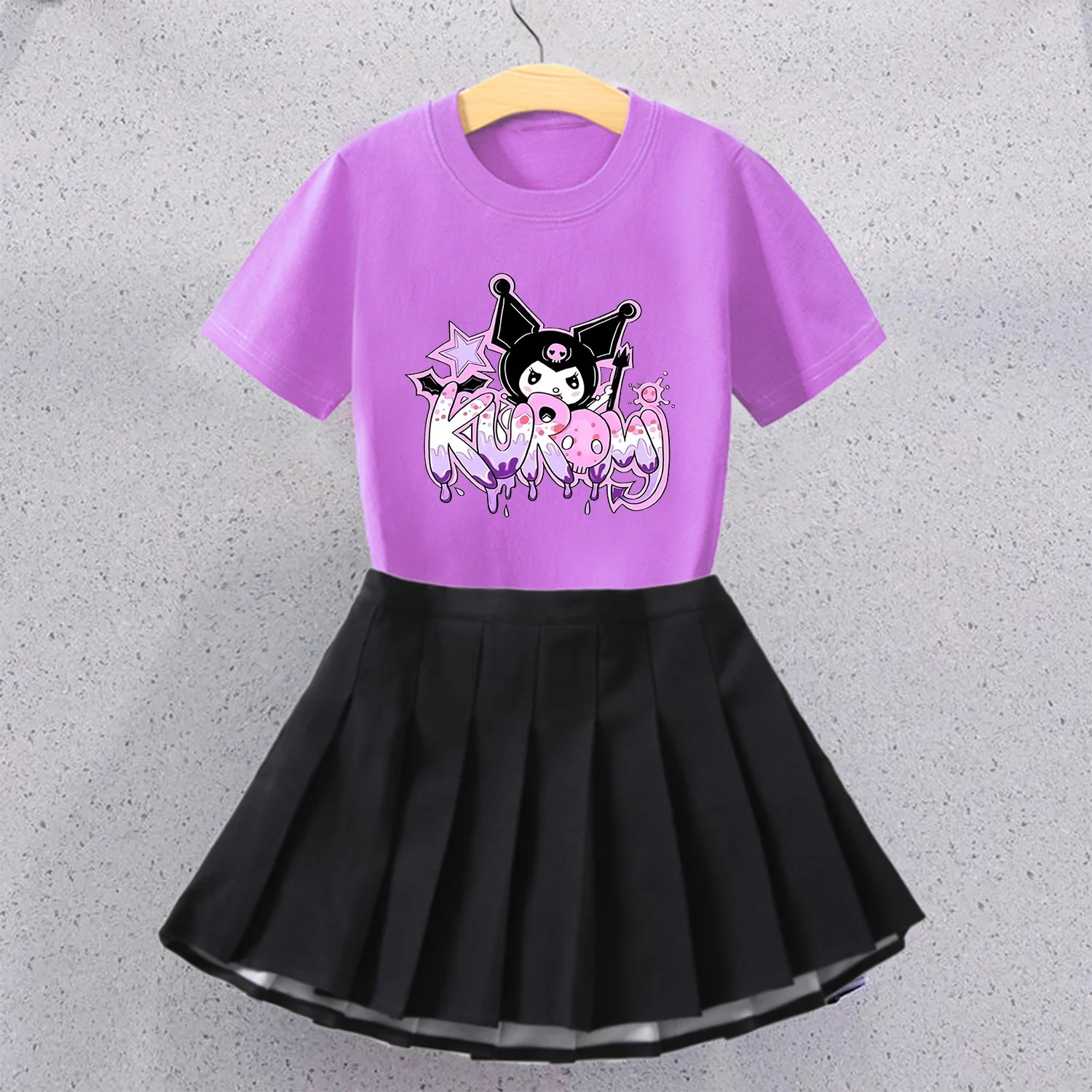 Kuromi T-shirt Pleated Skirt Set for Girls Cute Sanrio Cartoon Clothes Skirt 2pcs Suit Fashion School Spirit Clothing Kids Gift