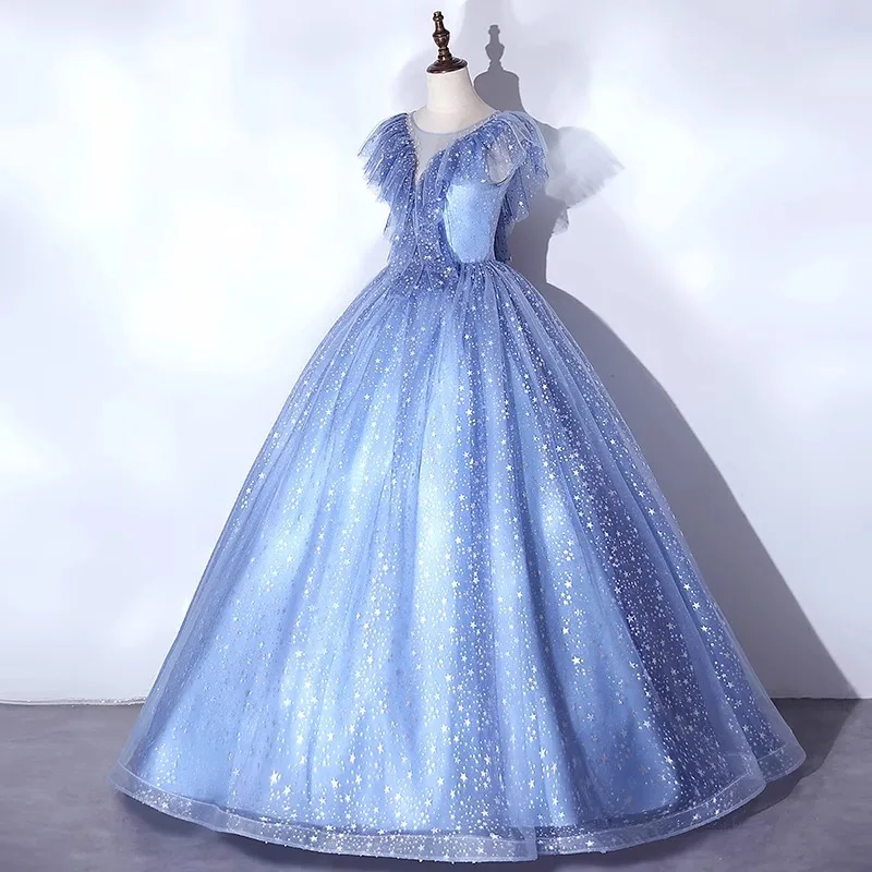 Vestido de fiesta de tul brillante para quinceañera, Túnica de estrella brillante con volantes, Mangas de casquillo, 15 años de noche, 2024