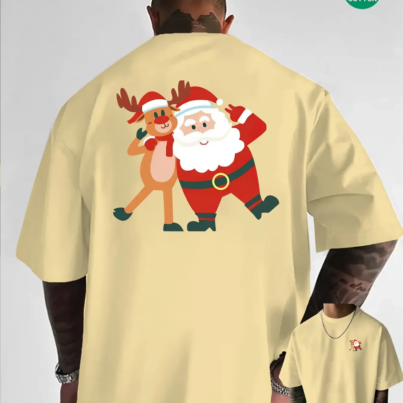 

Santa & Rudolph Print T-Shirt - Turquoise Casual Short Sleeve Tee with Back & Front Christmas Design, Soft Neck Holiday Shirt