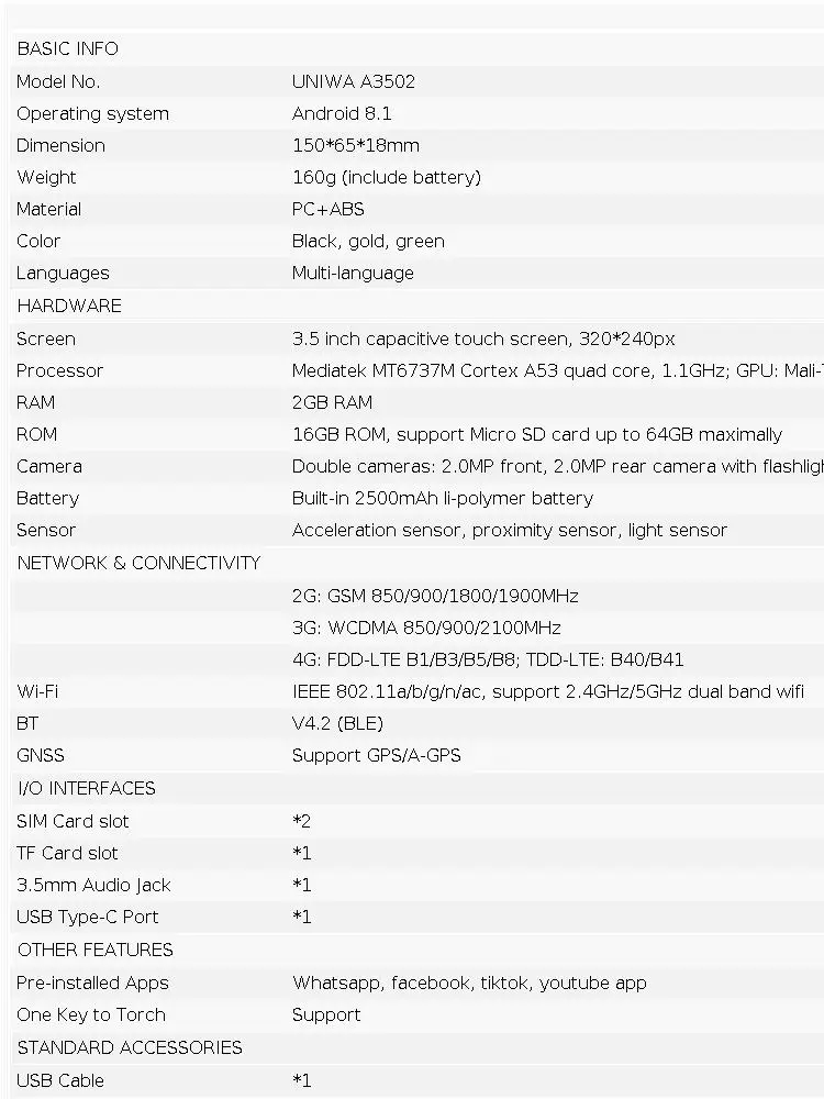 UNIWA HOPE XS24 4G Touch Screen Keypad Phone Android 8.1 Dual SIM 3.5 Inch 2GB+16GB 2500mAh Cellphone Whatsapp Phone Half-touch