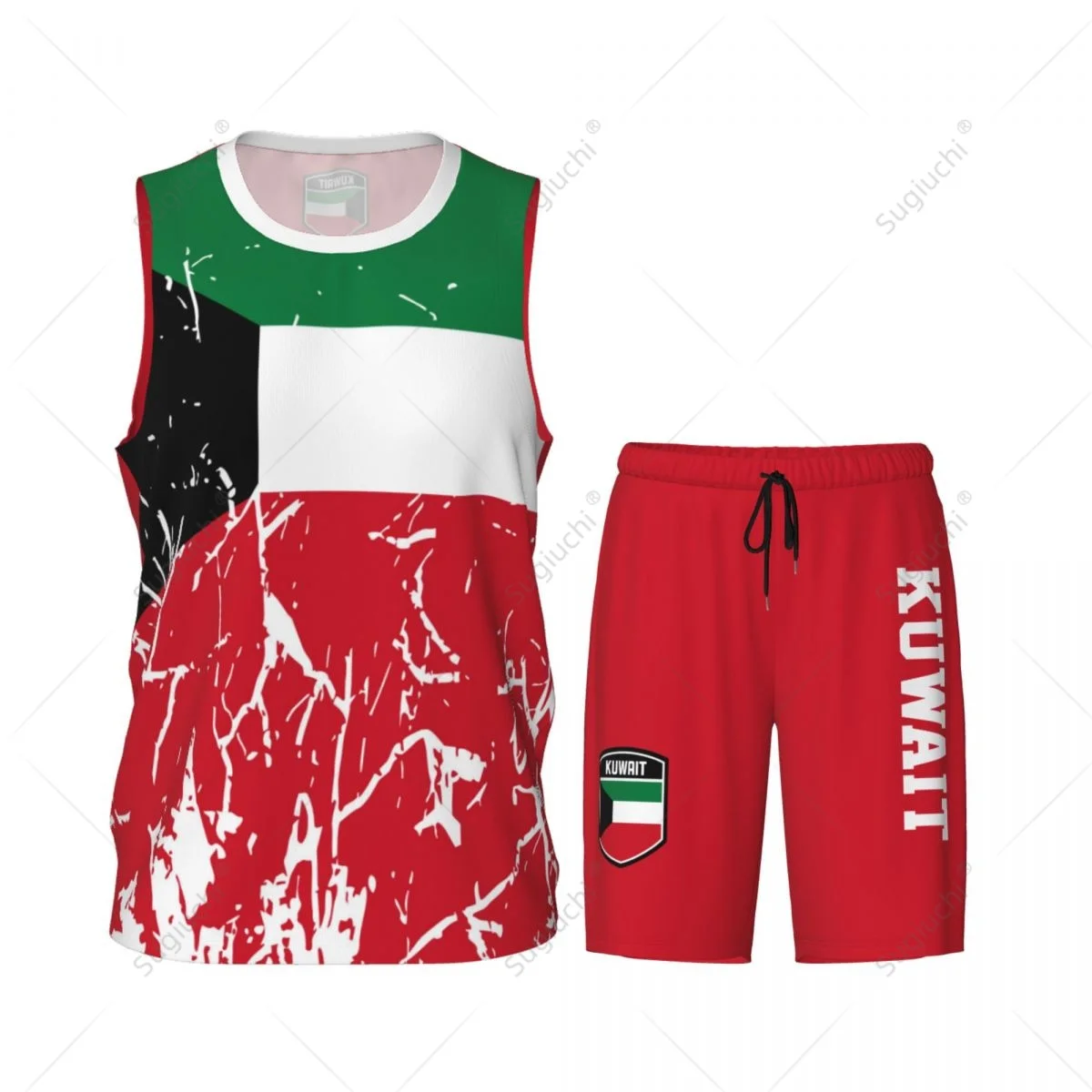 Kuwait Flag Grain Men Basketball Set Shirt & Pants Sleeveless