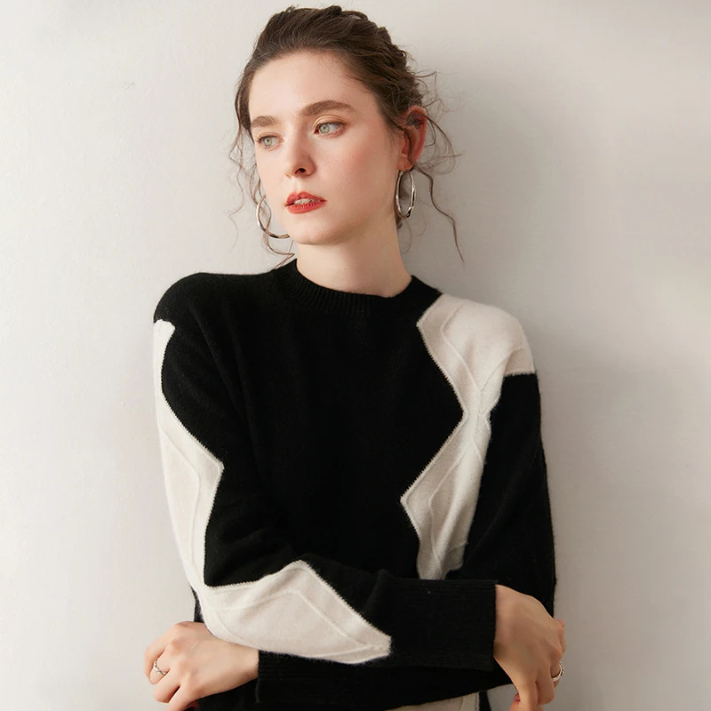 Long Sleeve Pullovers 2025 Fashion 100% Cashmere Women Sweater O-Neck Jerseys Autumn Winter Color Block Clothing Thick Knitwear