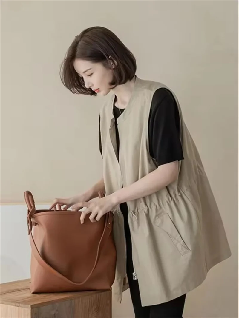 Casual Mid-length Vest Women's 2025 New Spring Autumn Drawstring Lace Up Versatile  Sleeveless Windbreaker Loose Tank Top