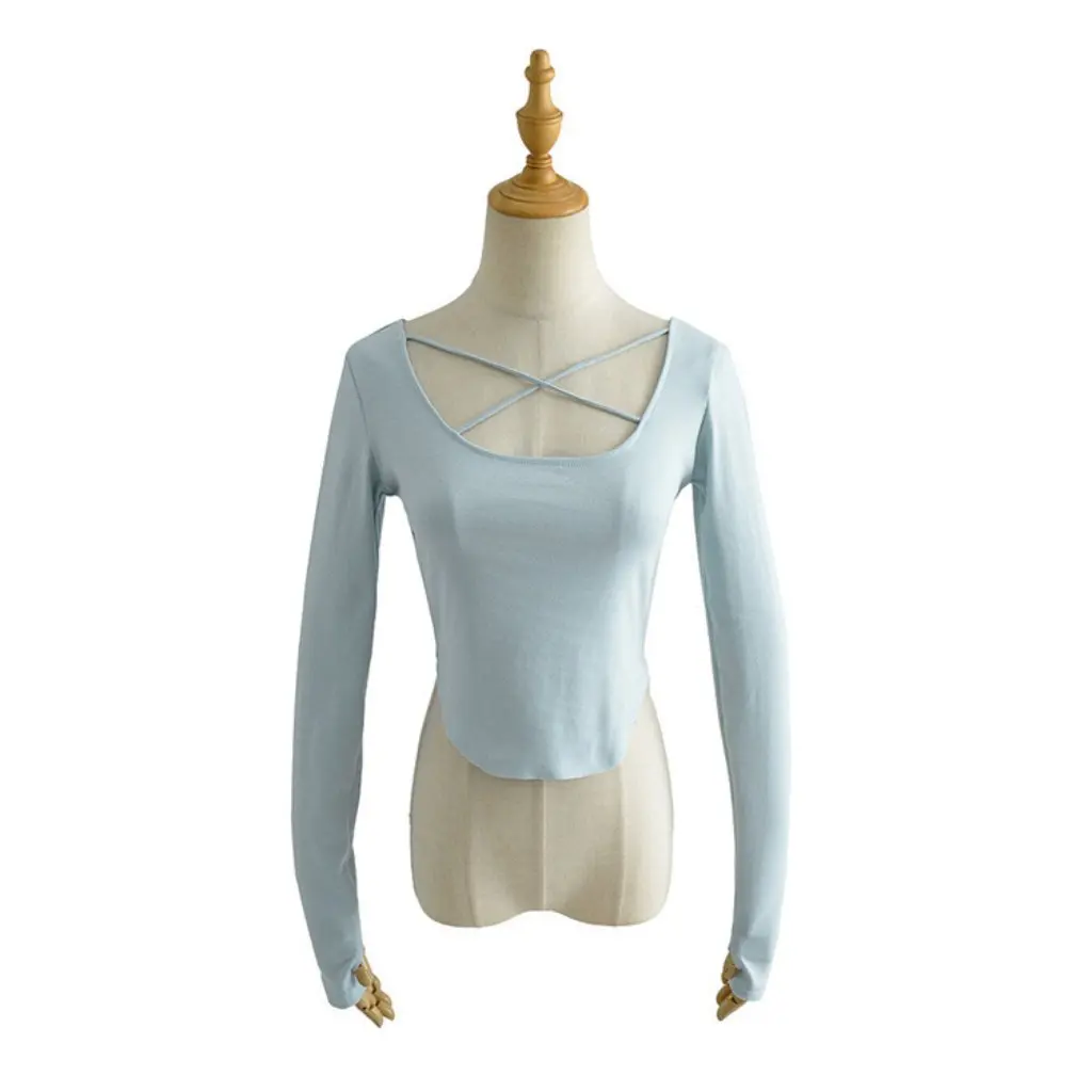 

YPFF Celebrity Style T-Shirt Irregular Cross Collarbone Long Sleeve High Waist Short Curved Hem Women's Fashion Top