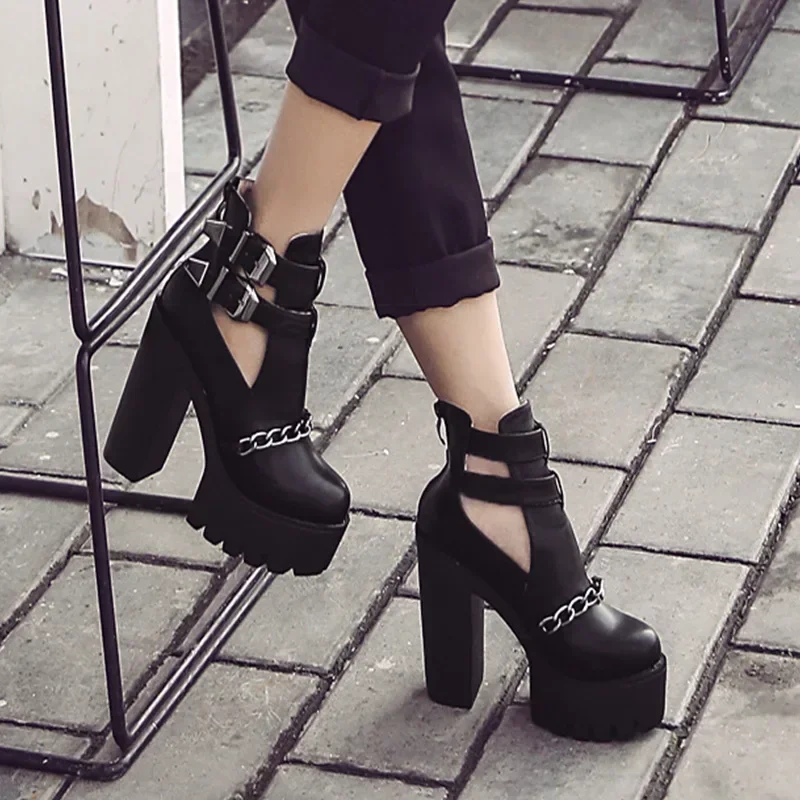 Spring Autumn Demi-season Punk Ankle Boots for Women High Heels Booties Woman 2026 New Chain Thick Heels Platform Shoes 42