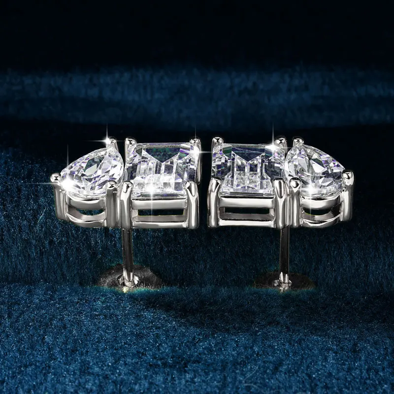 Lnngy Transparent Emerald & Pear Cut Cublic Zircon Earrings for Women Exquisite Two Stone Design Stud Earring Delicate Jewelry