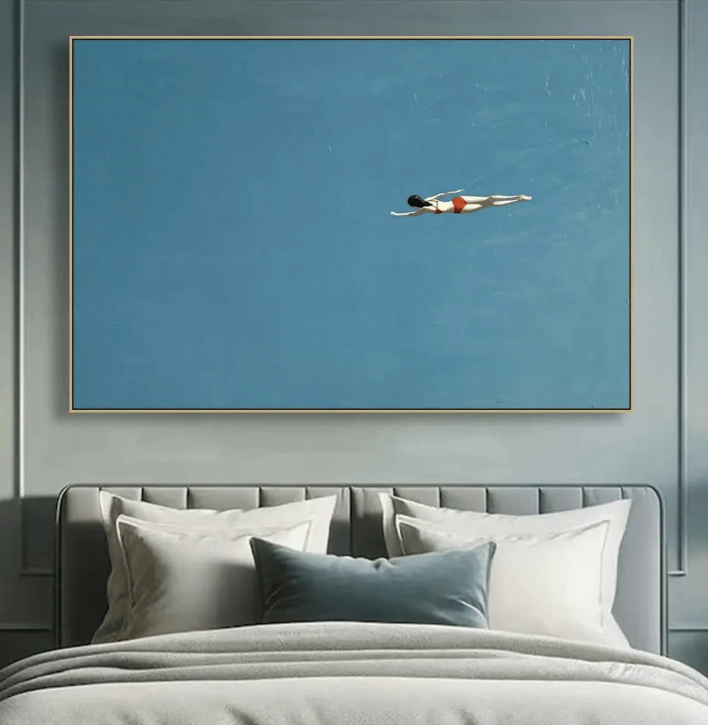 (No frame)Minimalist Blue Swimming Woman Canvas Prints, Abstract Swimmer Posters Living Room Bedroom Modern Aesthetic Home De