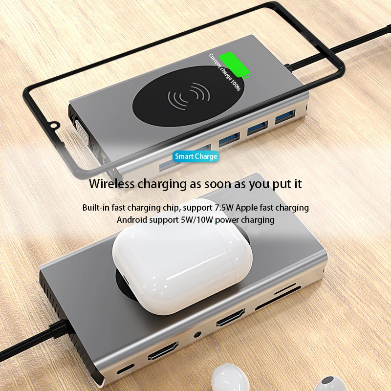USB C Hub 14 in 1 Type-C to HDMI VGA SD/TF RJ45 PD 4K1080P USB3.0 3.5mm Audio Wireless Charge Docking Station for Laptop Macbook