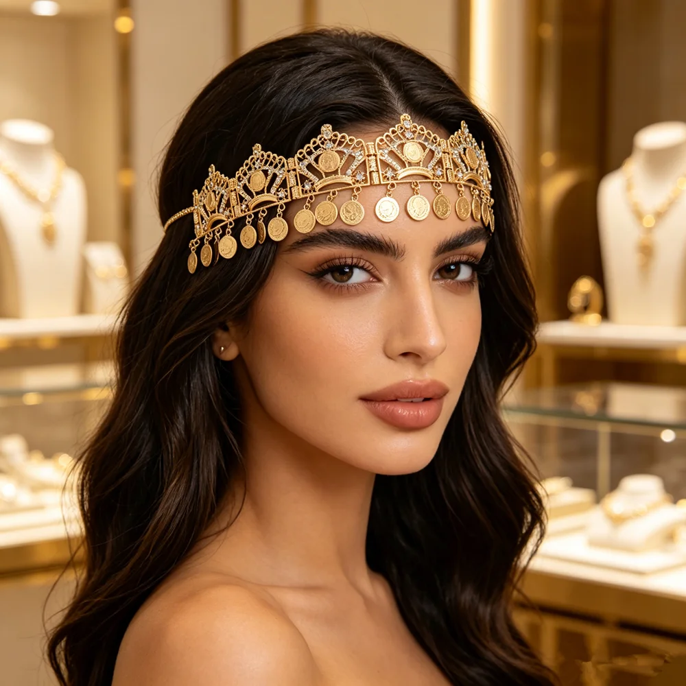Moroccan Luxury Bridal Headpiece Hollow Gold Crown Design with Dangling Engraved Coins Wedding Hair Band