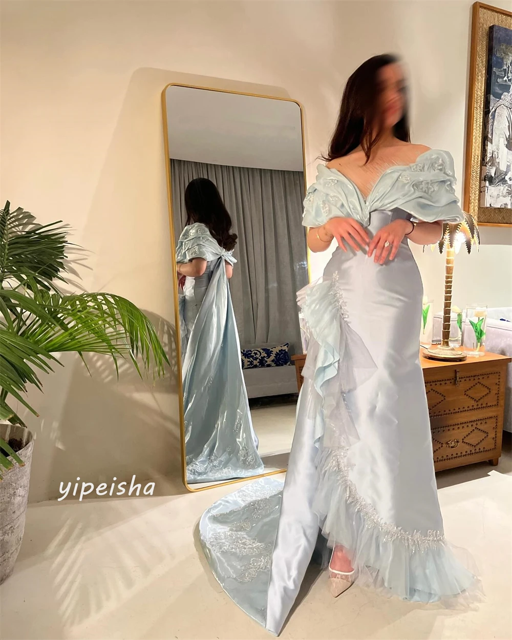 Customized Evening Saudi Arabia Satin Beading Draped Pleat Birthday A-line Off-the-shoulder Bespoke Occasion Gown Long Dresses