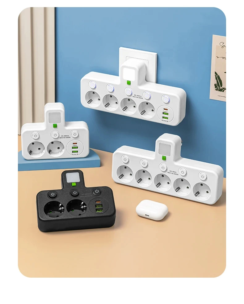 EU-Steckdose, 4 Steckdosen, Multitap-Wandsteckdosenleiste, Steckdose, 2 USBs, 1 Typ-C-Anschlüsse, kein Verlängerungskabel mit 2500 W MAX-Stromversorgung – Detail 4