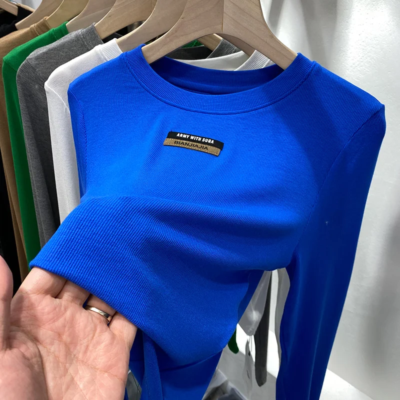 

Klein Blue Long Sleeve T-Shirt Women's Early Spring Short Base Shirt Korean Style round Neck High Waist Slim Fit Casual Wear