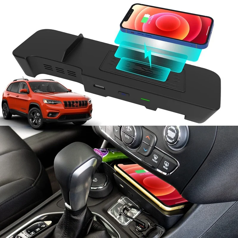 15W Car for Qi Wireless Charger Fast Phone Charger Charging Plate with USB Port Accessories for Jeep Cherokee 2019-2022