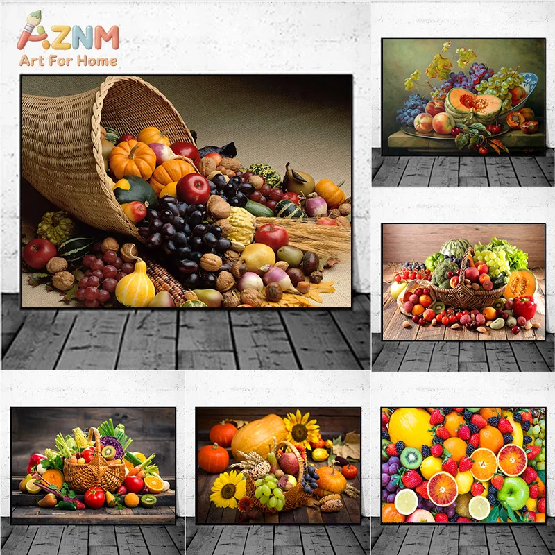 AZNM Harvest Season Fresh Fruit Vegetable Still Life Frameless Canvas Poster Rustic Kitchen Dining Room Wall Art Decor