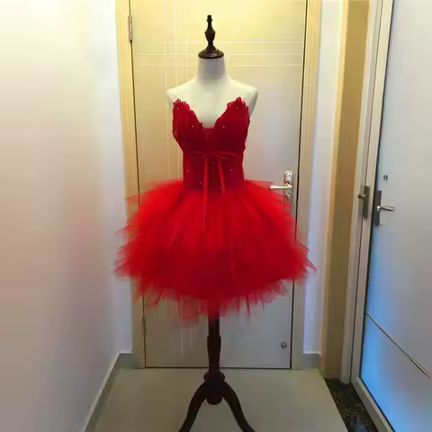 New red feather lady girl bridesmaid prom evening party dress performance dancer gown