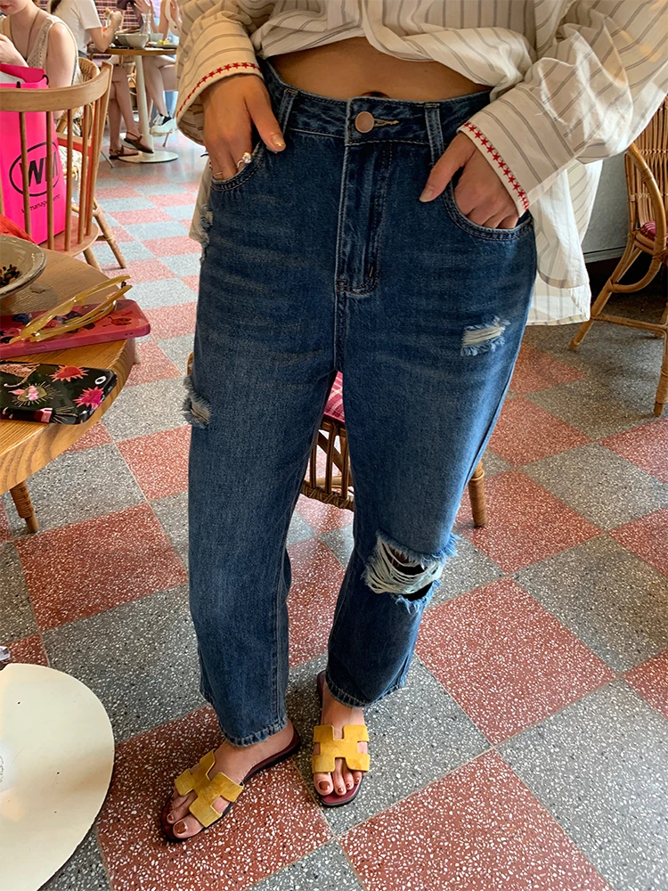 Dames Jeans met hoge taille en rechte pijpen Gatontwerp Negen punten Kleine voetbroek Herfstseizoen Blauwe kleur 2024 Nieuwe collectie