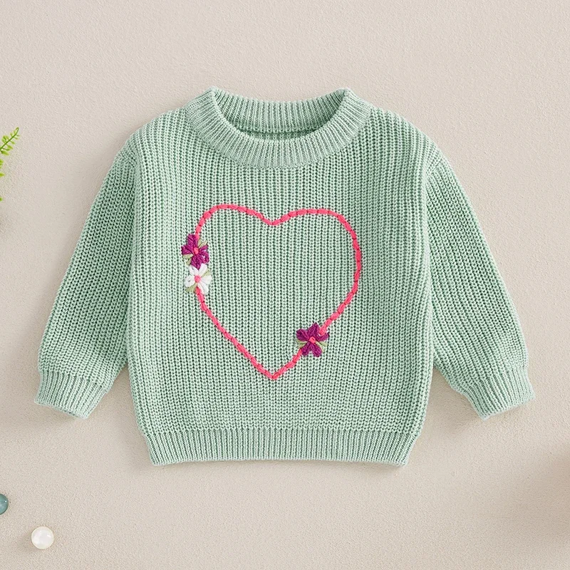 Tregren Baby Sweater Spring Autumn Child Cute Heart Flowers Embroidery Warm Knit Sweater Kids Girl Boys Pullover Sweaters