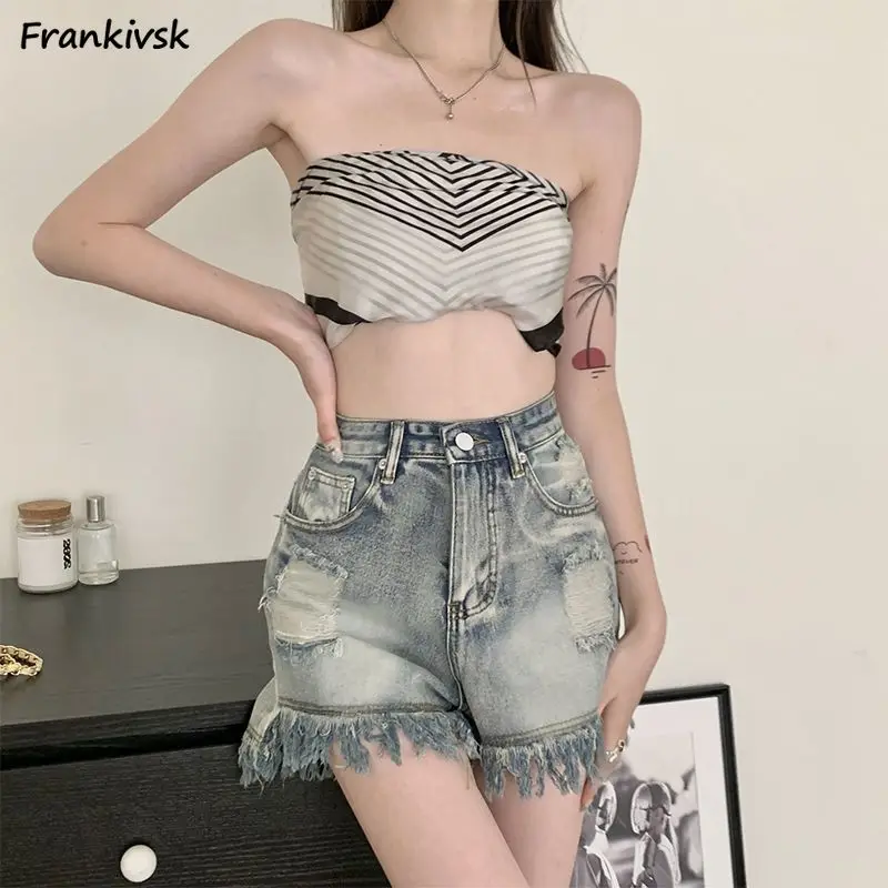 

Frayed Shorts Women Asymmetrical Loose Fashion Streetwear Hotsweet High Waist A-line Washed Vintage Denim European Style Retro