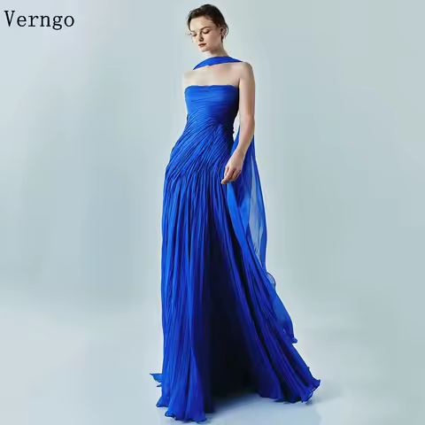 Verngo Royal Blue Evening Dress Elegant Strapless A Line Prom Dress Flowing Hand-pleated Silk Prom Party Dress Customized