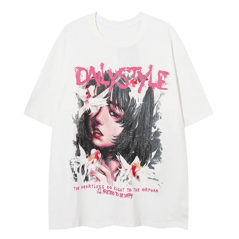 

Hip Hop Men's Anime Comics Girl Painting Printed T-shirt Round Neck Hit Color Letter Tshirt Oversized Unisex Tee Tops All-match