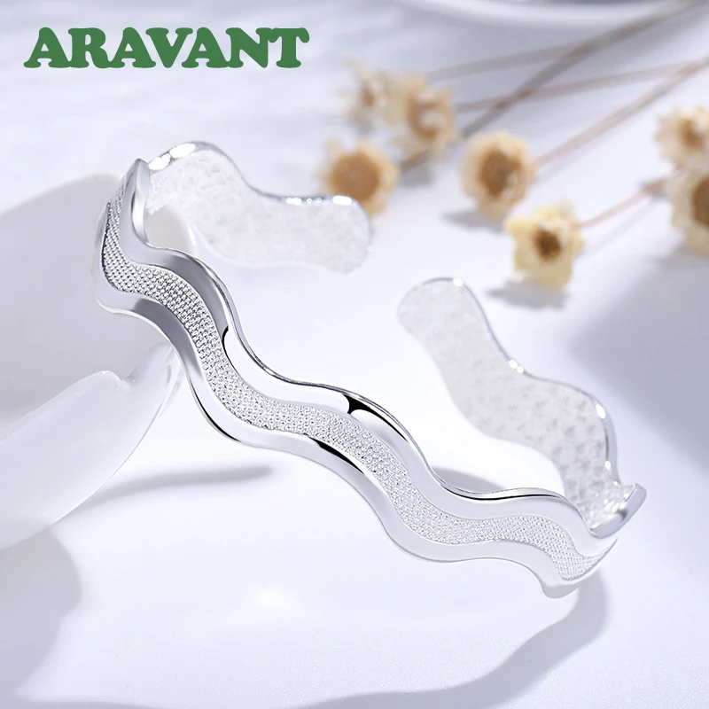 

925 Silver Wave Scrub Open Cuff Bracelet&Bangle For Women Fashion Jewelry