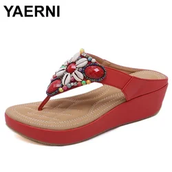 YAERNI  Flip flops woman summer clip toe sandals beach shoes women brand design wedges sandals breathable sandalias E698