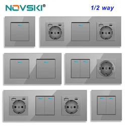NOVSKI16A EU Standard Wall Socket Crystal Glass Panel Power Outlet Grounded With Child Protective Door Grey