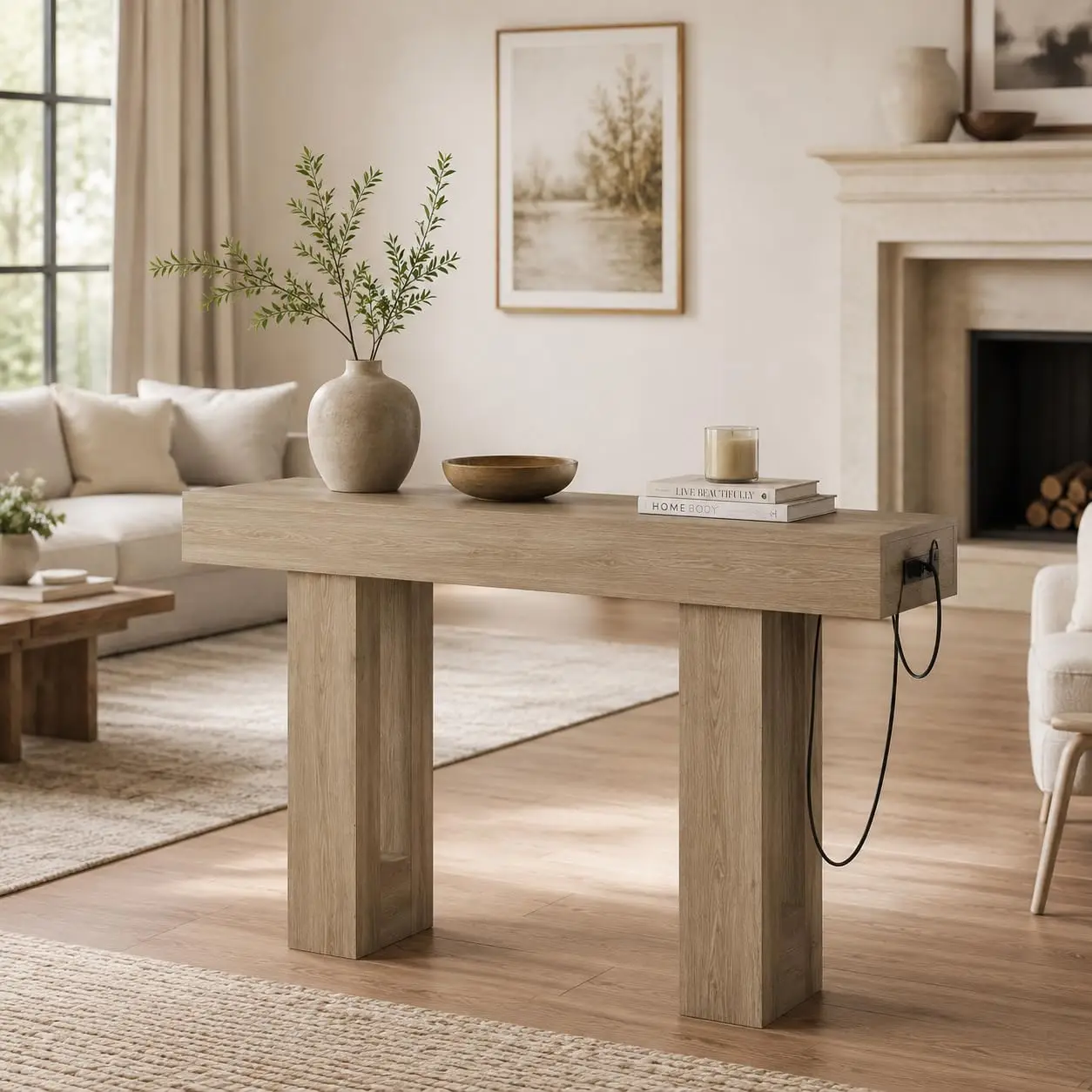 63 Inch Console Table with Power Outlet, Rectangular Sofa Table, Narrow Entryway Table with Charging Station, Gray, Customized