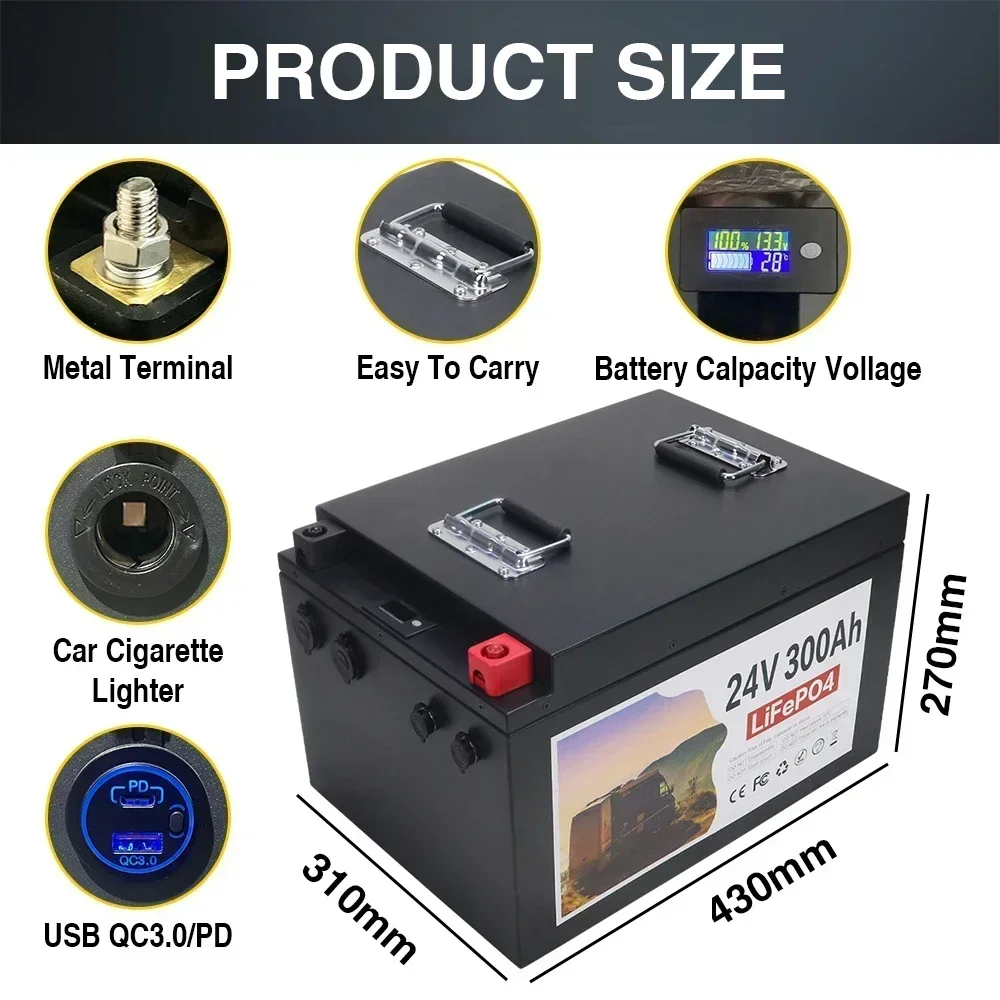 24V 300AH LiFePO4 Battery Pack Built-in BMS Lithium Iron Phosphate Cells For Replacing Most of Backup Power Home Energy Storage