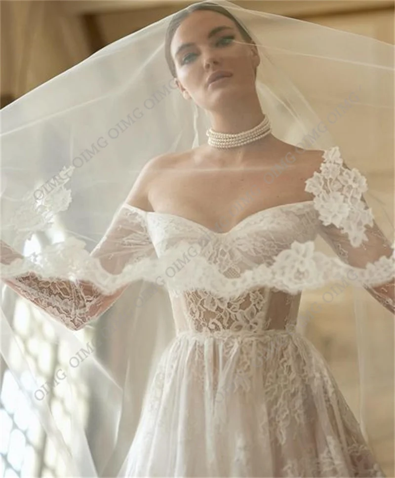 OIMG Modern Long A Line Lace Wedding Dresses Gowns Long Sleeves Off Shoulder Formal Pricness Bride Bridal Gown Dress Vestidos