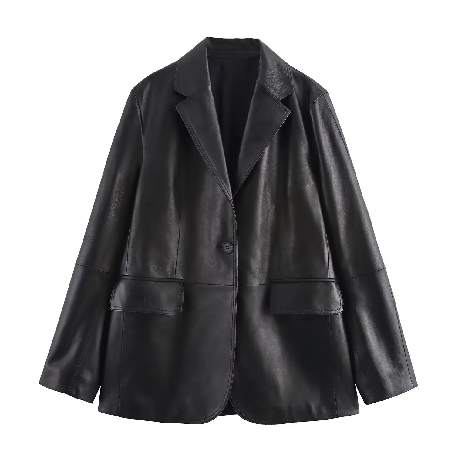 Tangada Women Black Faux Leather Blazer Coat Vintage Long Sleeve Female Outerwear Chic Tops 6x0488