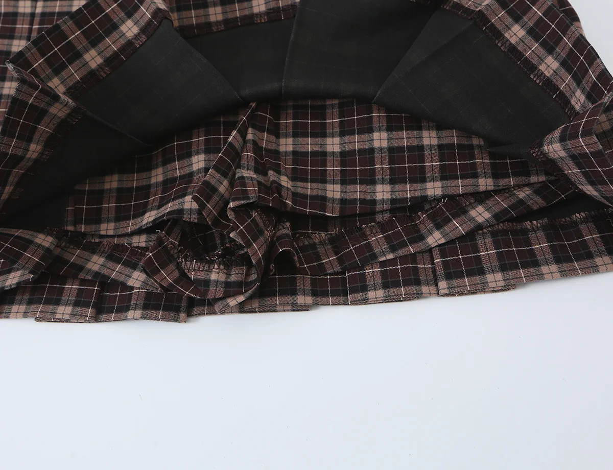 TFMLN Damen Karierter Rock-Set Vintage Stehkragen Taschen Reißverschluss Langarm Kurze Jacke Mode Minirock Herbst Freizeit-Sets – Detail 17