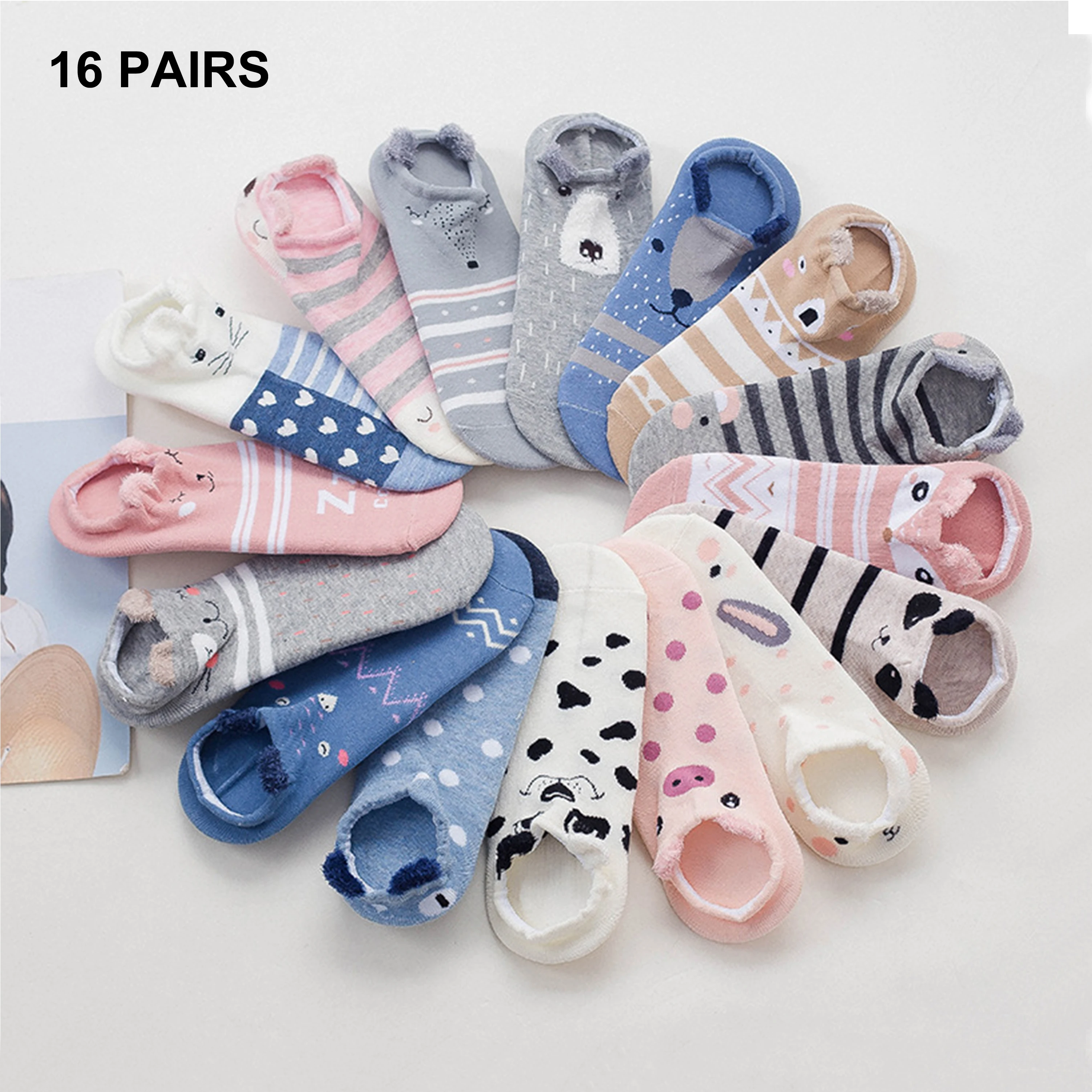 16 Pairs Cute Animal Ear Women Cotton Socks Kawaii Cat Dog Summer Short Socks Girl Socks US5-9