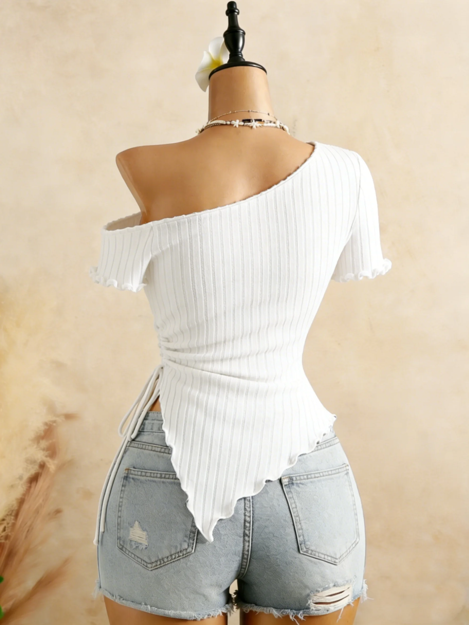 Women Diagonal Off Shoulder Short Sleeve Ribbed Drawstring Irregular Hem Slim Fit Crop Top 2026 Summer Y2K Solid White Casual Va