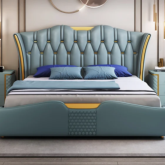 Gray Blue Simple Designer Creative Bed Modern Leather Upholstered Double Bed Queen Size Apartment Villa Bed
