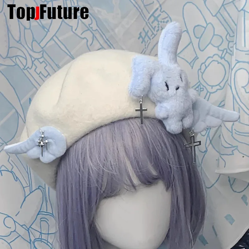 Harajuku Gothic Cute Furry bunny Faux Fur Y2k Punk Women Winter streetwear angel ear collar Protection Warm Beanie Hats Beret