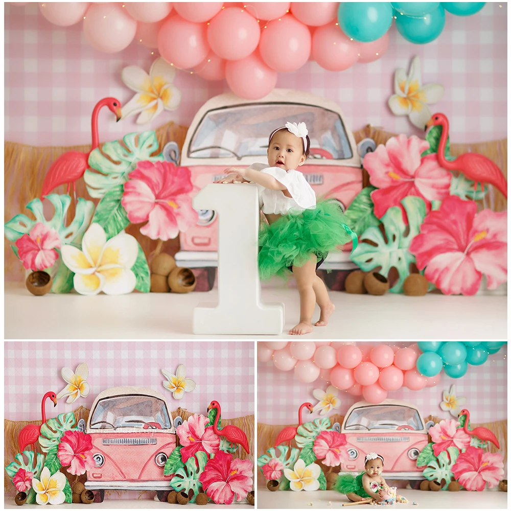 

Summer Red Flamingo Photo Background Kids Birthday Cake Smash Photography Backdrop Tropic Flower Bug Photo Studio Props