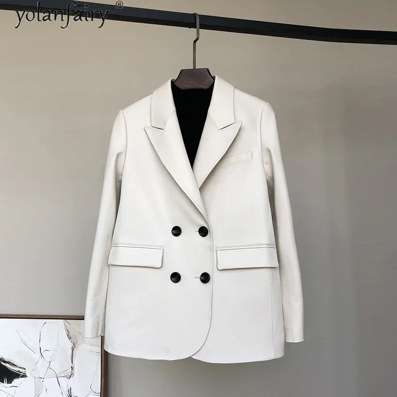 YOLANFAIRY 100% Real Sheepskin Coat White Genuine Leather Jacket Woman Spring Fall Leather Blazer Veste Cuir Femme 205 KJ6800
