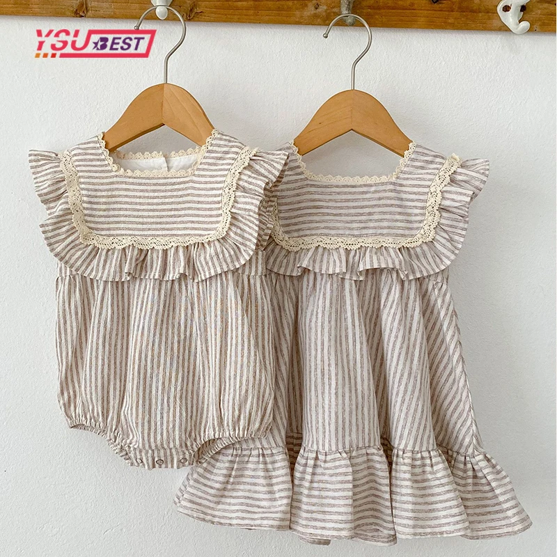 

Sister Fashion Baby Girls Clothes Girls Dress Striped Lace Summer New Baby Girl Romper Sister Matching Outfit Princess Dresses