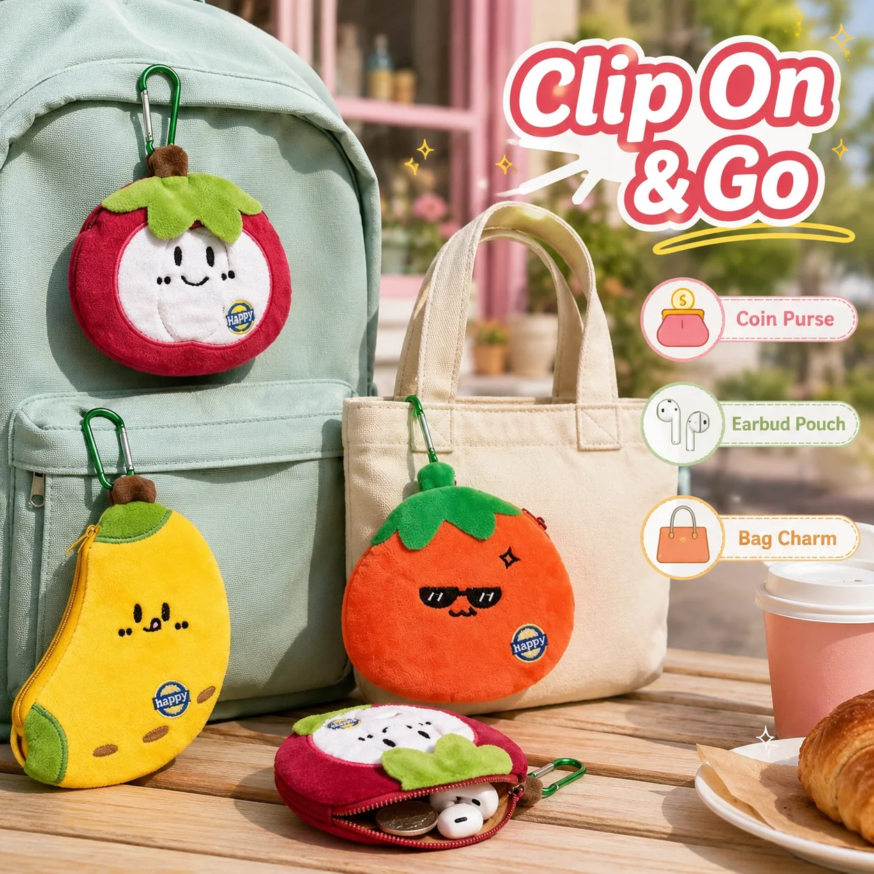 Cute Fruit Plush Coin Wallet, Creative Keychain Pendant Pouch, Large Capacity Earphone Storage Organizer