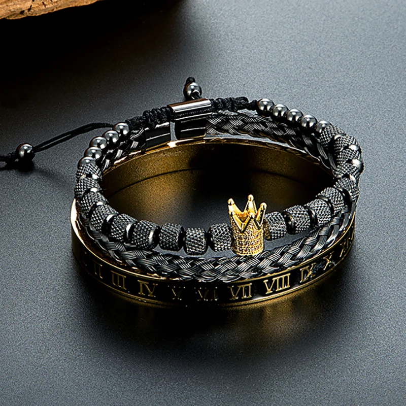 3Pcs Men's Crown Bracelet Set, Roman Numerals Stainless Steel Bangle, Braided Leather Adjustable Bracelets, Hip Hop Jewelry Gift