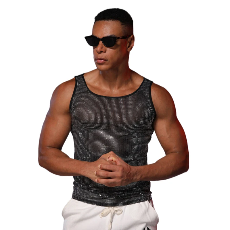 Herren Glitzerndes Strass-Mesh-Tanktop, Durchsichtiges Glitzer-Party-Shirt, Nachtclub-Bühnen-Musikfestival-Rave-Performance-Clubwear – Detail 1