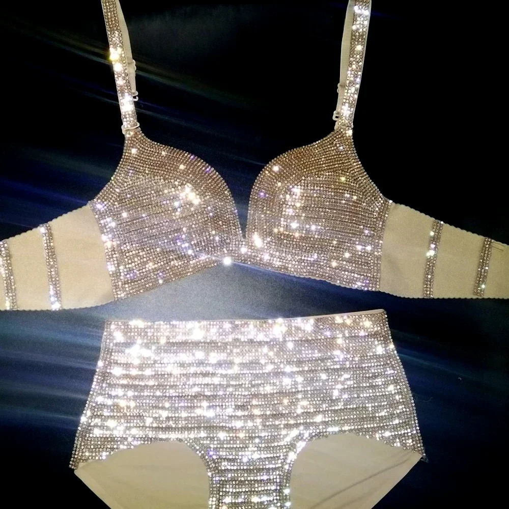 Bling Diamante Carnival Bikini Set for Women Crystal Embellished Crop Top And Panties Rave Festival Burning Man Outfit Club Wear