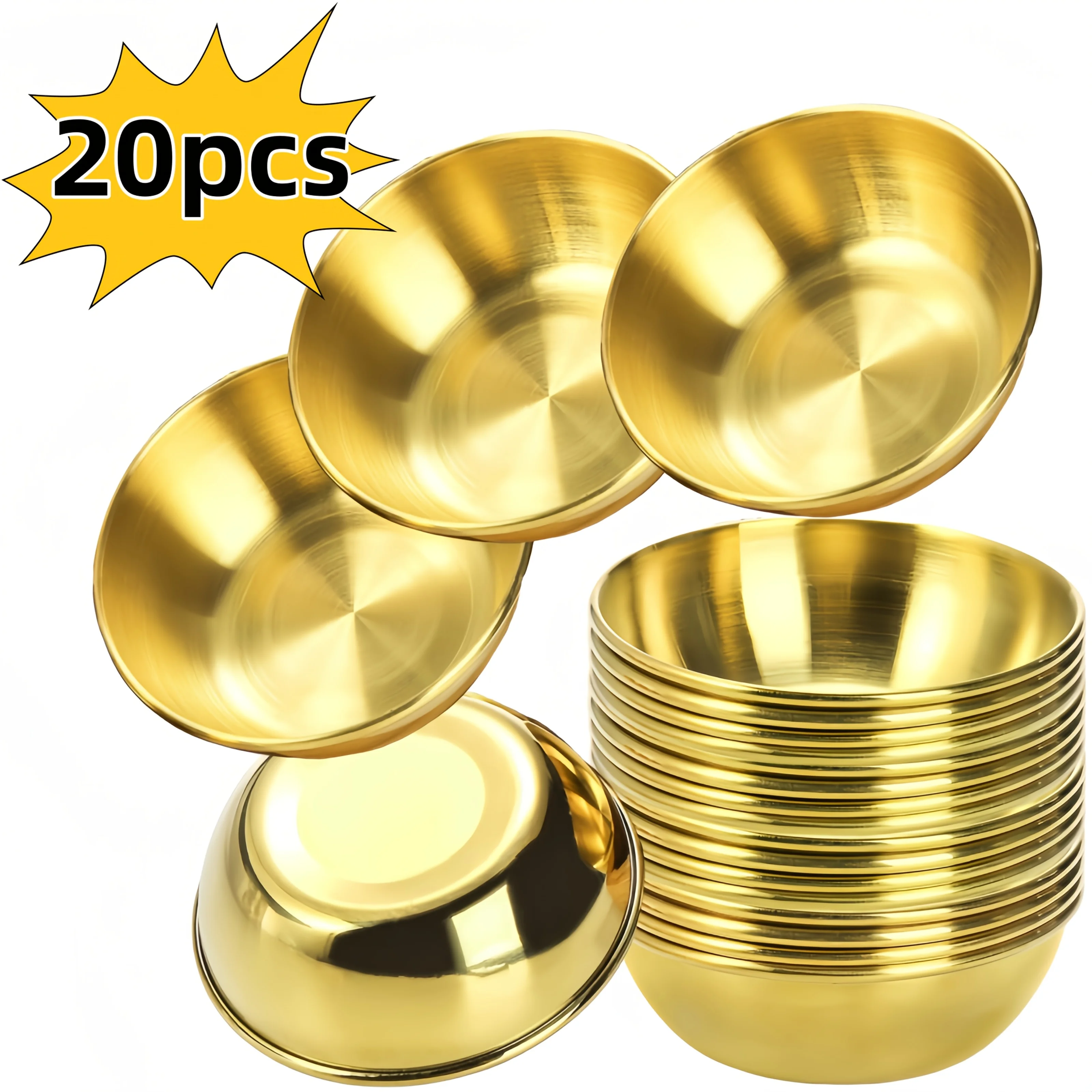 

20-Piece Gold Stainless Steel Sauce Dishes - 3.2-inch Round Stackable Mini Bowls, Shatterproof and Rust-Resistant Metal Plates